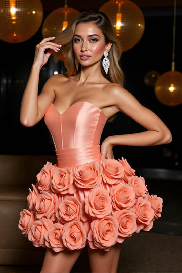 Robe de bal en satin bustier orange avec fleurs 3D
